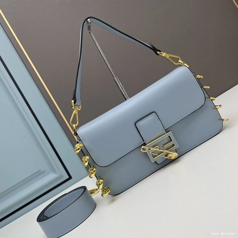 HOT Fendace with Fendi Bag Leather Pin Medium Baguette Blue In Calf Brooches Sky 0810